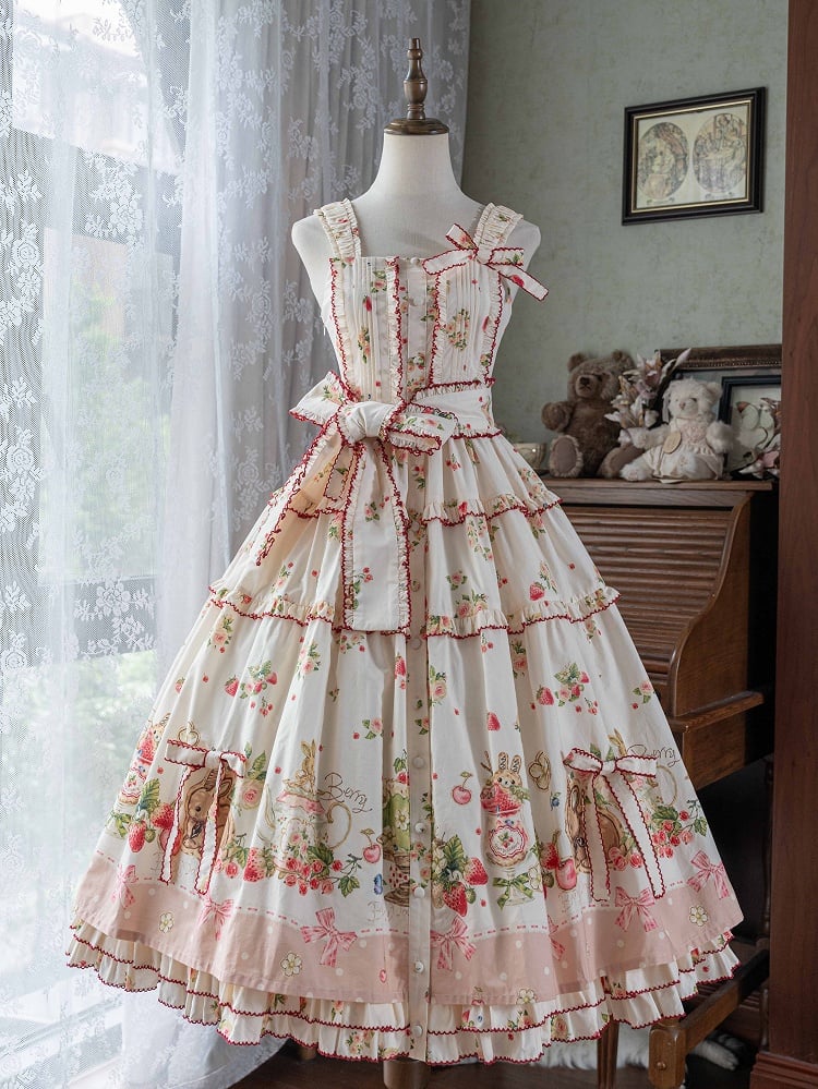Floral Pink Hemline Lolita Fashion Dress Bunny Print House Strawberry and