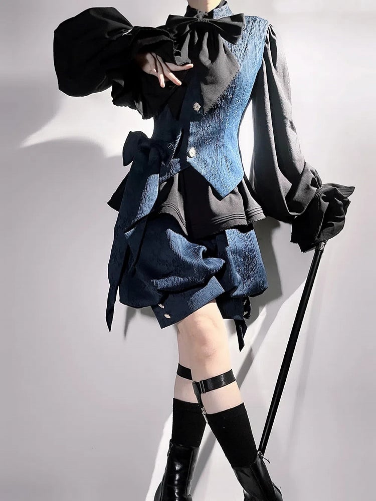 Blue Fashion Ouji Collar Jacquard Waistcoat Prince Style Banded