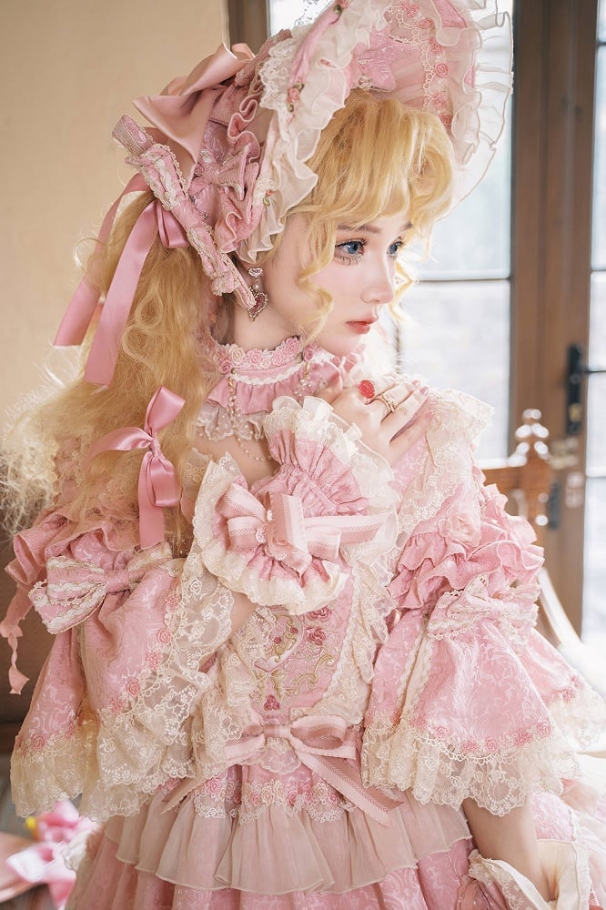 Wunderschönes Hanayome Lolita-Kleid mit Blumenstickerei und Perlenkettendetails in Rosa