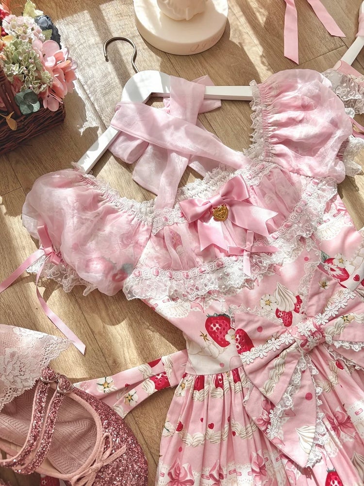Pink Print Dress Lolita Cake Short Sleeves Sweet Strawberry