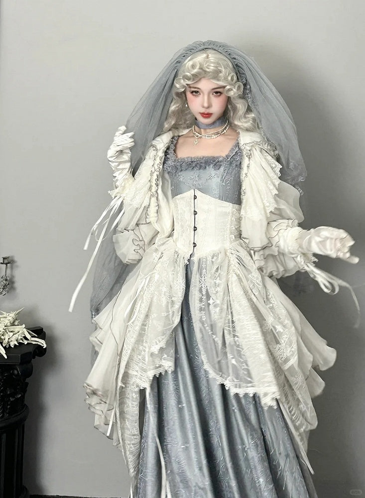 White Gothic Lolita Corset Belt with Drawstring Design Cathedral Embroidery Overlay