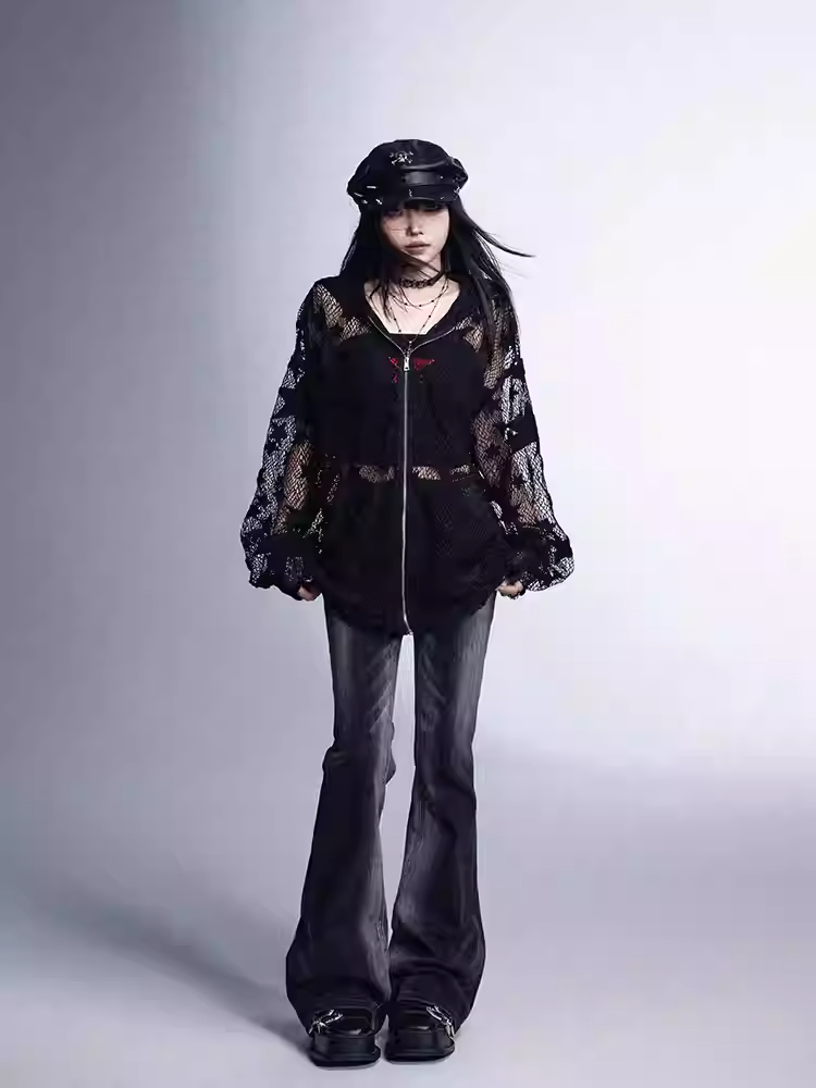 Jacket Y2K Protection Black Star Pattern Hollow-Out Sun Hooded