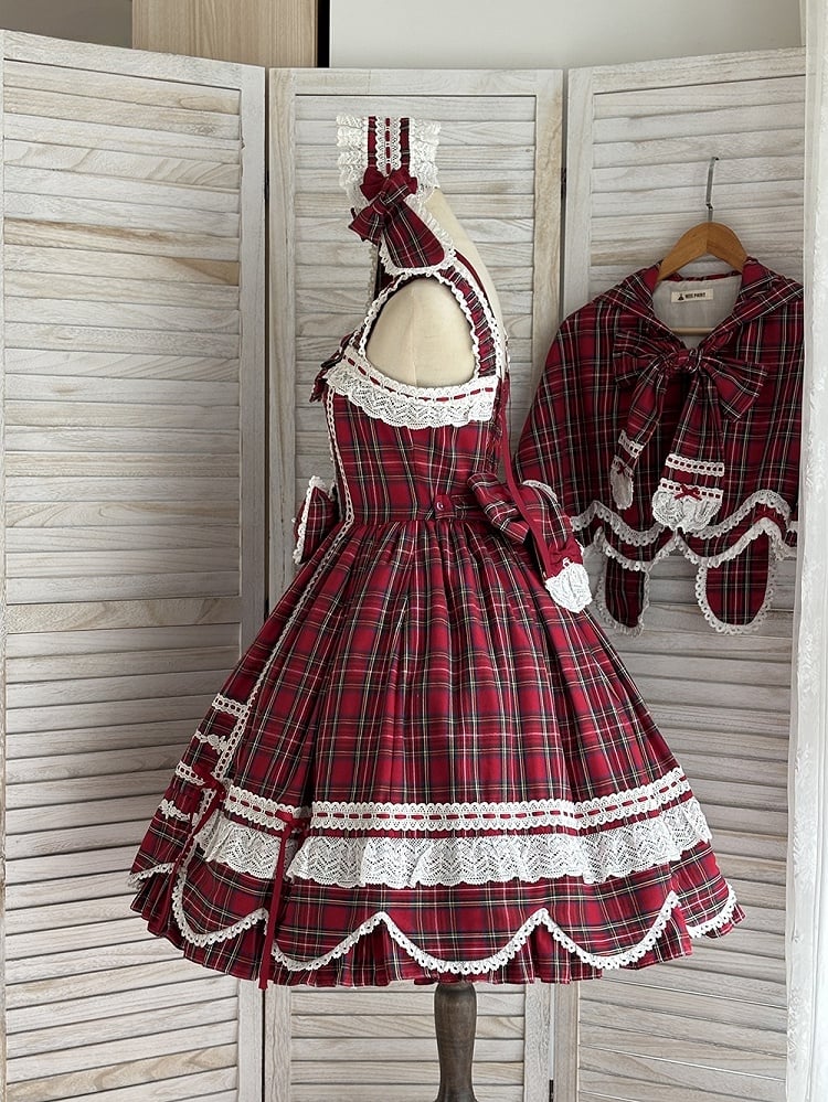 with Accents Skirt Scalloped Jumper Sweet Plaid Lolita Bow Edge Red Trim