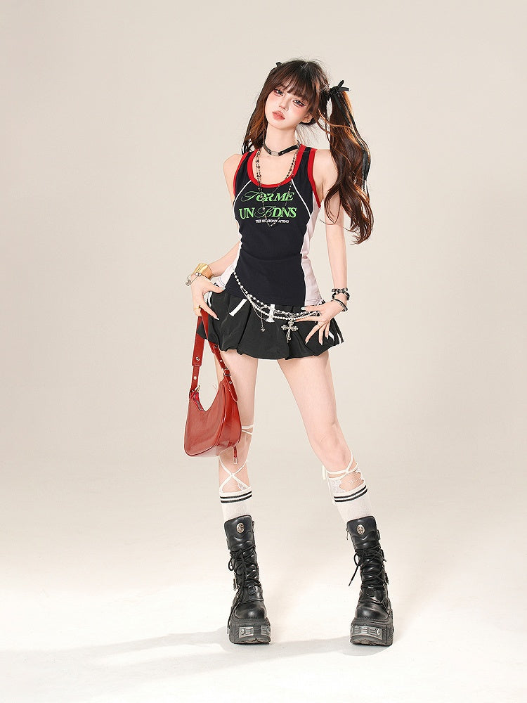 Design Letter Print Tank Top Navy Blue Colorblock