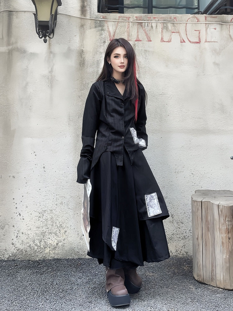 Appliques Black Punk Asymmetrical Layered Wide-Leg Pants
