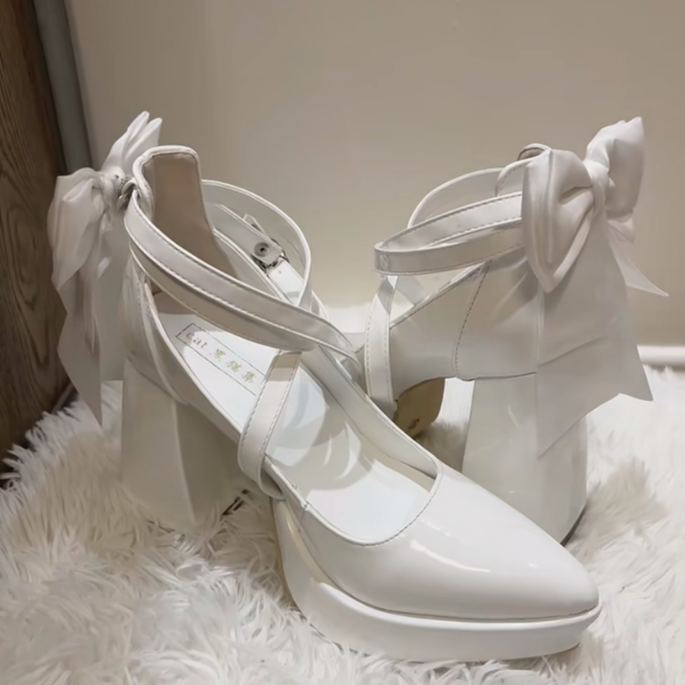 Gothic Weiß Abnehmbare Schleife Kreuzgurt Plateau High Heels mit Blockabsatz