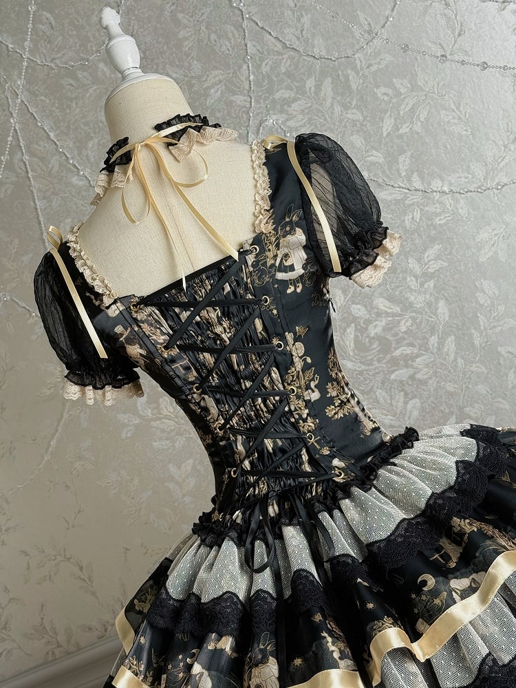 Print Puff Short Gold Dress Corset Bunny Lolita and Black Kitty Sleeves
