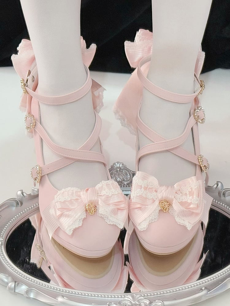 Heart Heels Bow Pink Crisscross High Buckle at Top Design