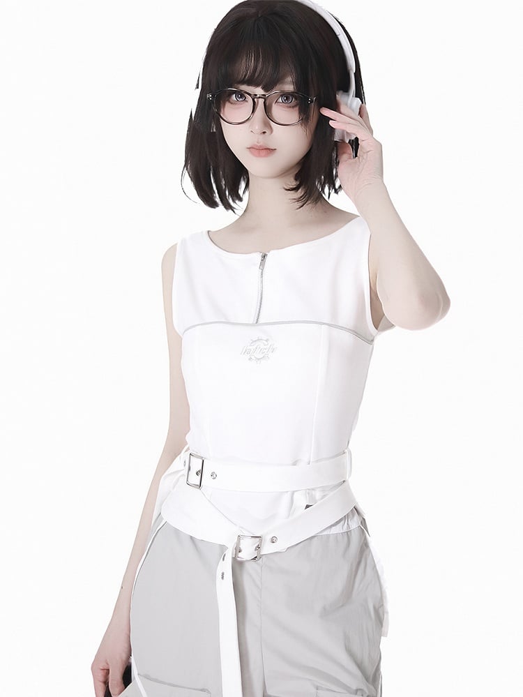 Weißes Techwear-Tanktop mit Reißverschlussausschnitt und Schnallenträgern