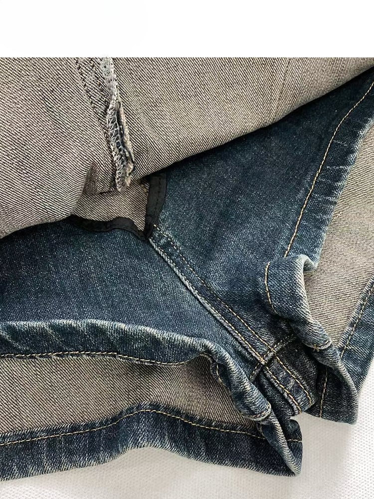 Vintage Dark Blue Distressed Denim Glamorous Skirt with Cargo Pockets