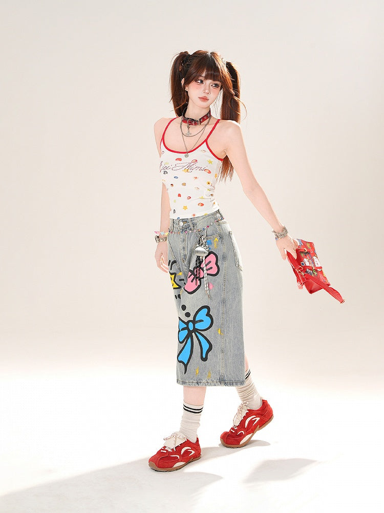 White Cute Slim-fitting Print Cami Top Contrast Red Trim