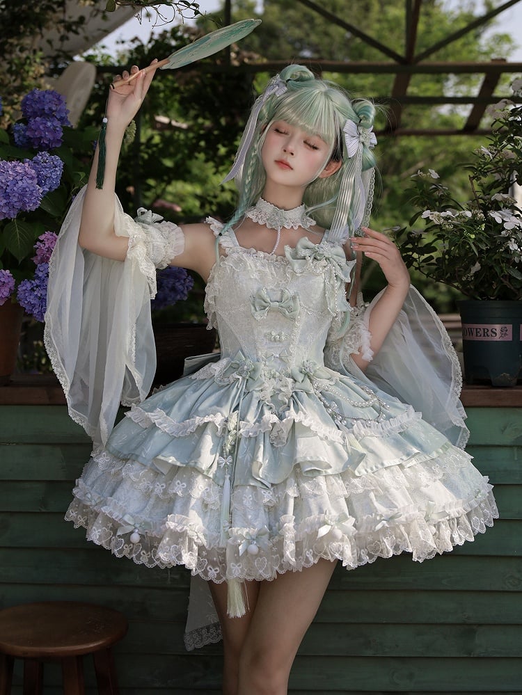 Green Bow Accents Chains and Flower Bead Qi Waist Lolita Corset Dress