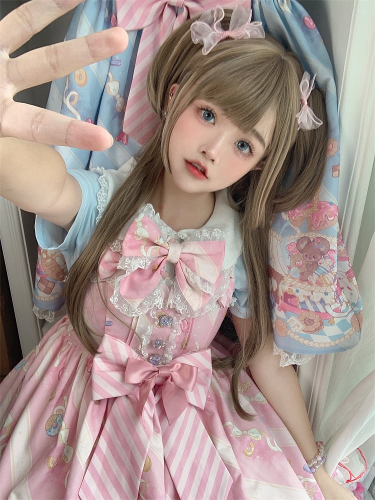 耳付きリボンピンクのビッグネックラインJSKスイートロリータドレス愛らしいマウスプリントマウスデザイン