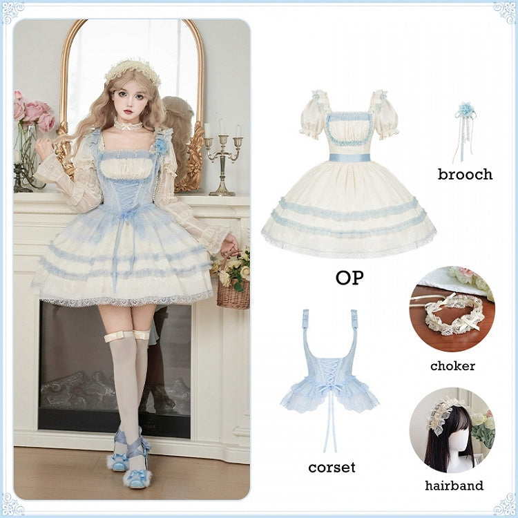 Full Beige OP Blue Lolita Sleeves Neckline and Trims Light Short Set Square Lace Dress