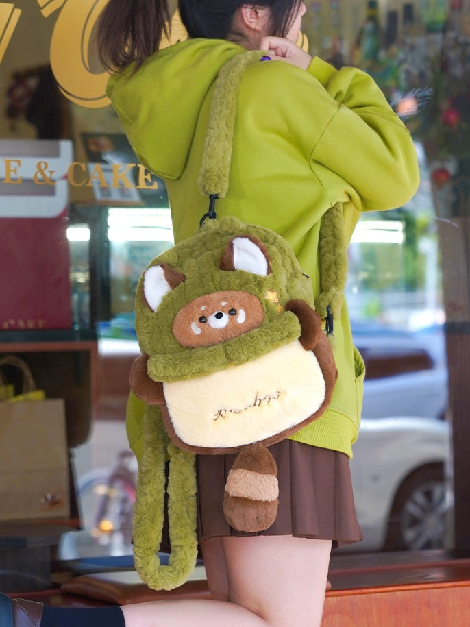 Green And Brown Cute Red Panda Plush Backpack