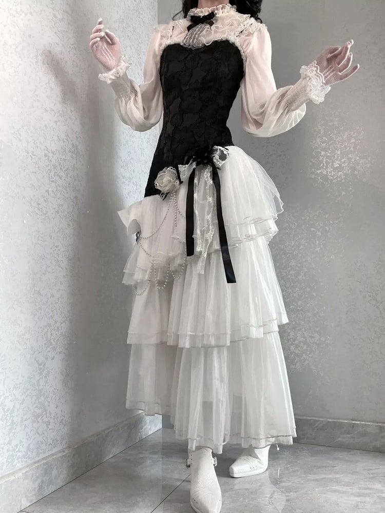 Classic JSK Elegant Layered Full Tulle Slim Bodice Jacquard Hem White Lolita Black Fit Floral Set