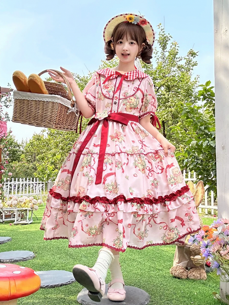 Dress Teddy Lolita and Sleeves Strawberry Short Pink Print
