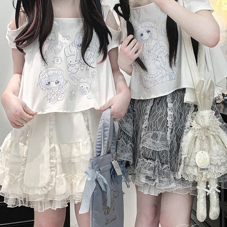 Jirai Kei T-Shirt Yami Kawaii Cartoon Print Ausschnitt Schulter Weiß
