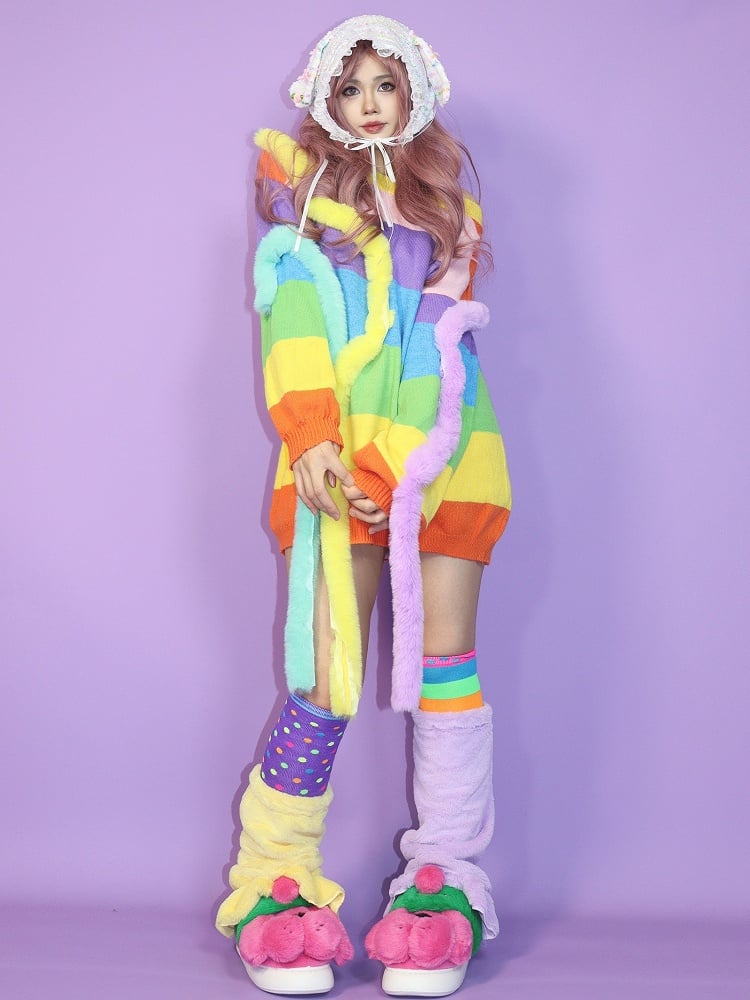 Y2K Striped Pattern Knitted Sweater Colorful Rainbow