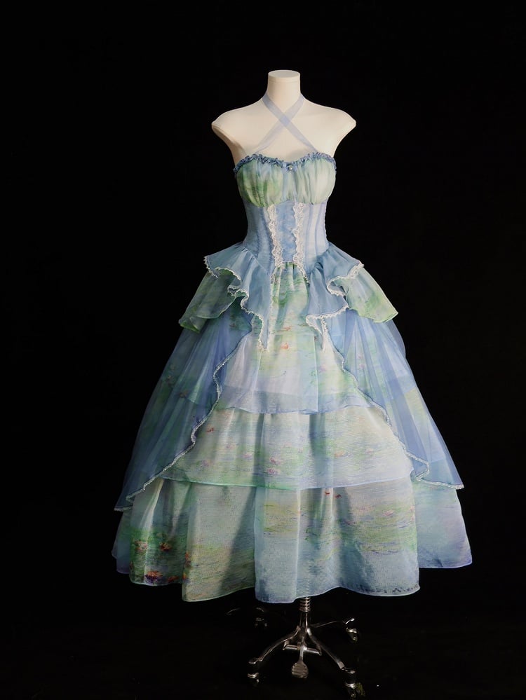 Tiered Flounce Hem Halter Boned Corset Top Print Sky Painting Fairy Oil Blue