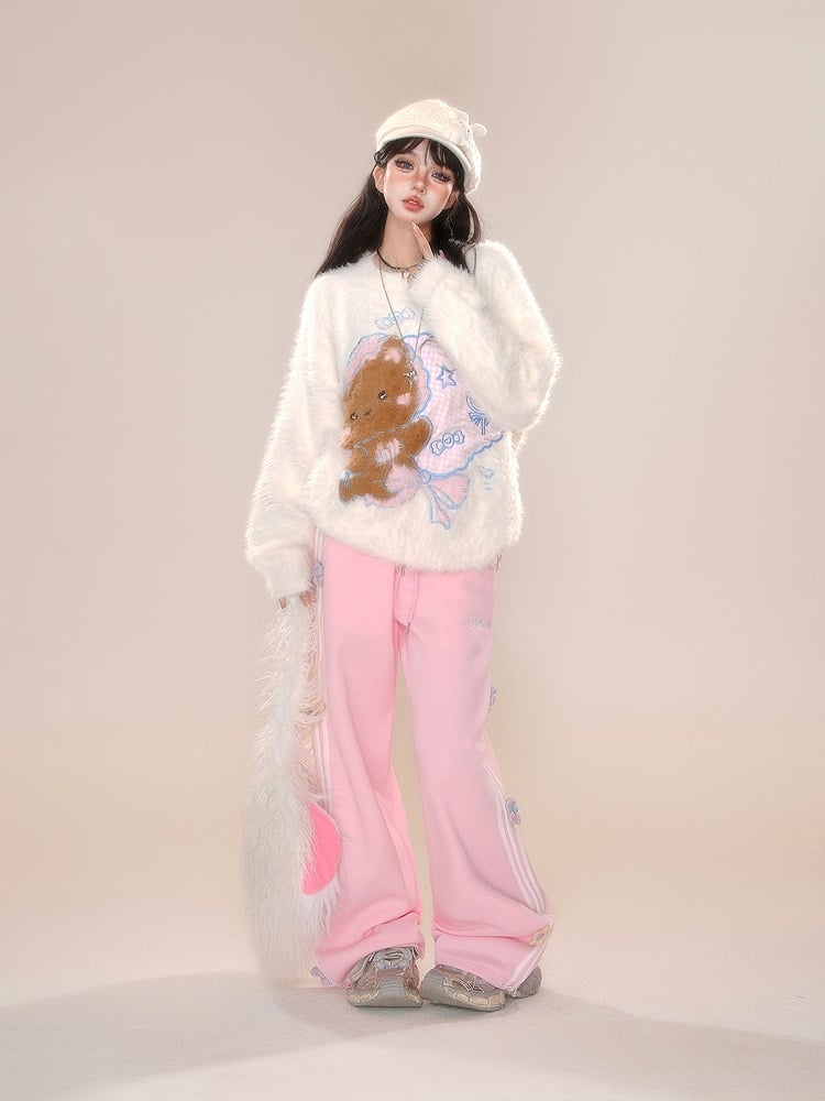 グレーピンクの花柄ストレートレッグカットパンツ