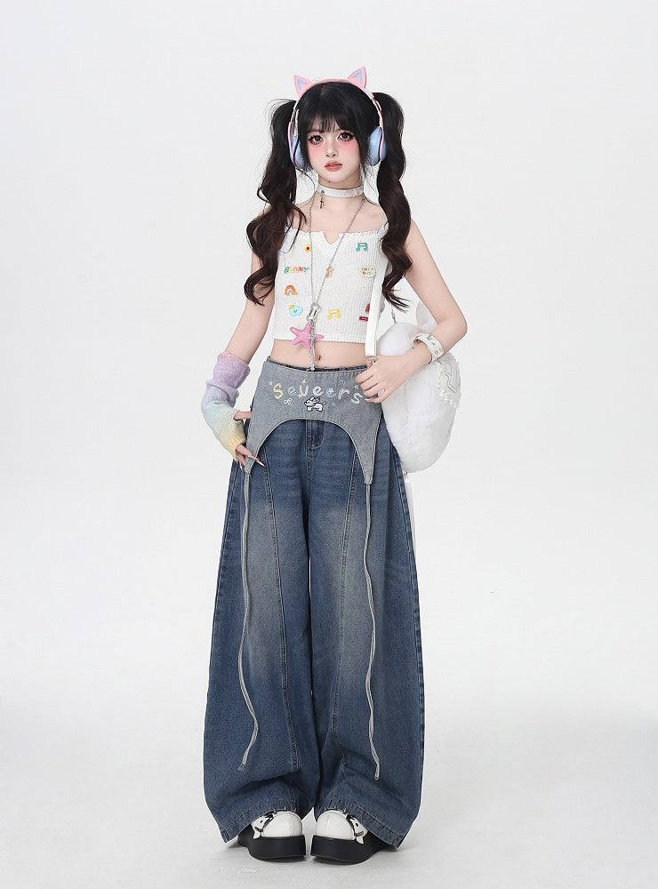 Blue Low Waist Wide-leg Jeans with Letter Embroidery