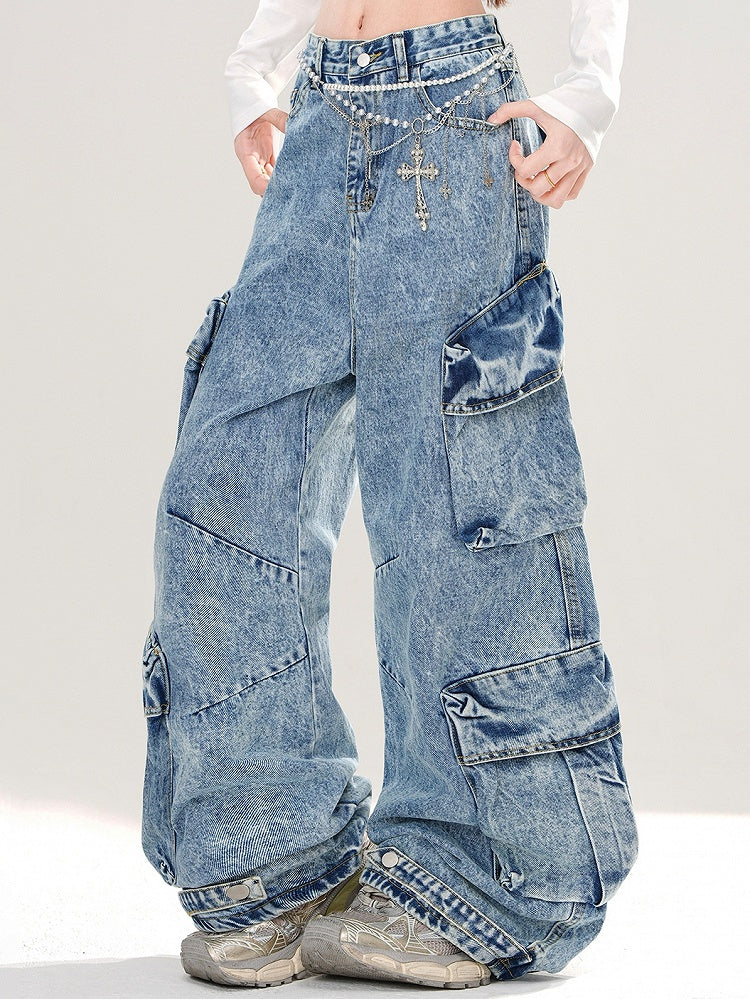 Wide-leg Pockets Cut Blue Cargo Design Jeans