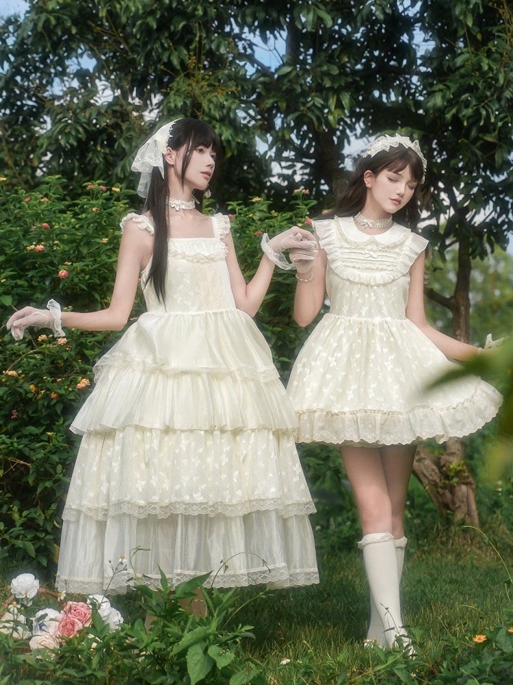Butterfly Skirt Jumper Lolita Elegant Lace Layered Patches Creamy Dress