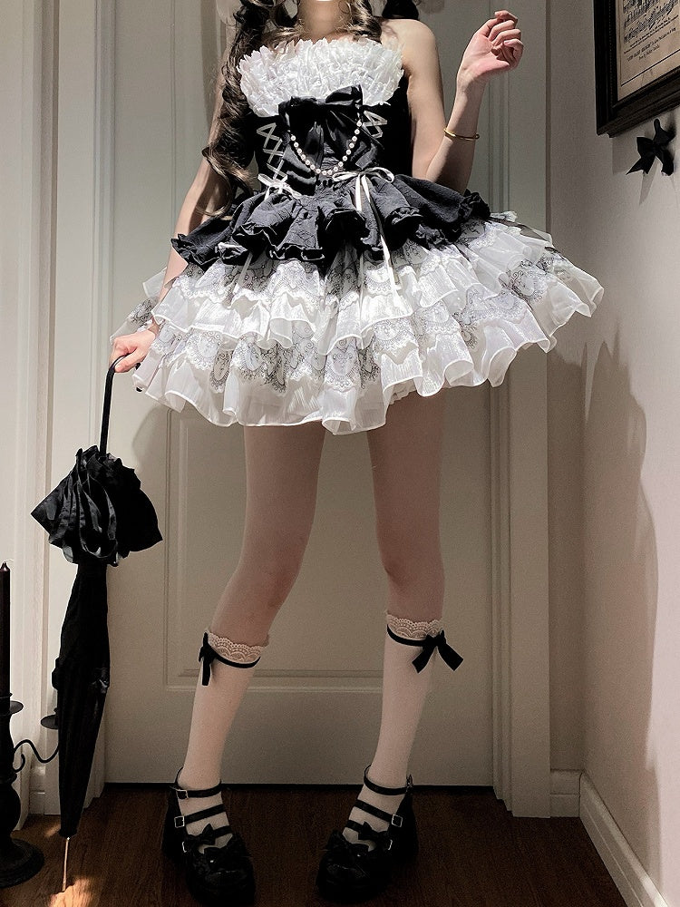 Balletcore Black Halter Dress Neck White Princess and Lolita