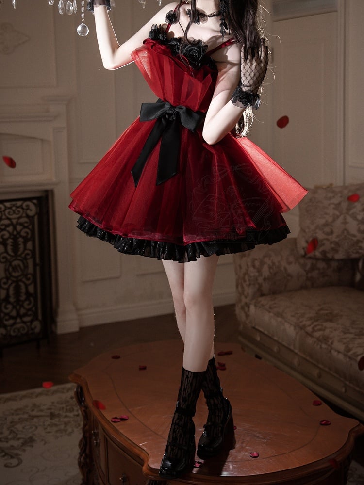 Black Dress Neckline Party Jumper Birthday Straps Floral Red and Lolita Skirt Spaghetti