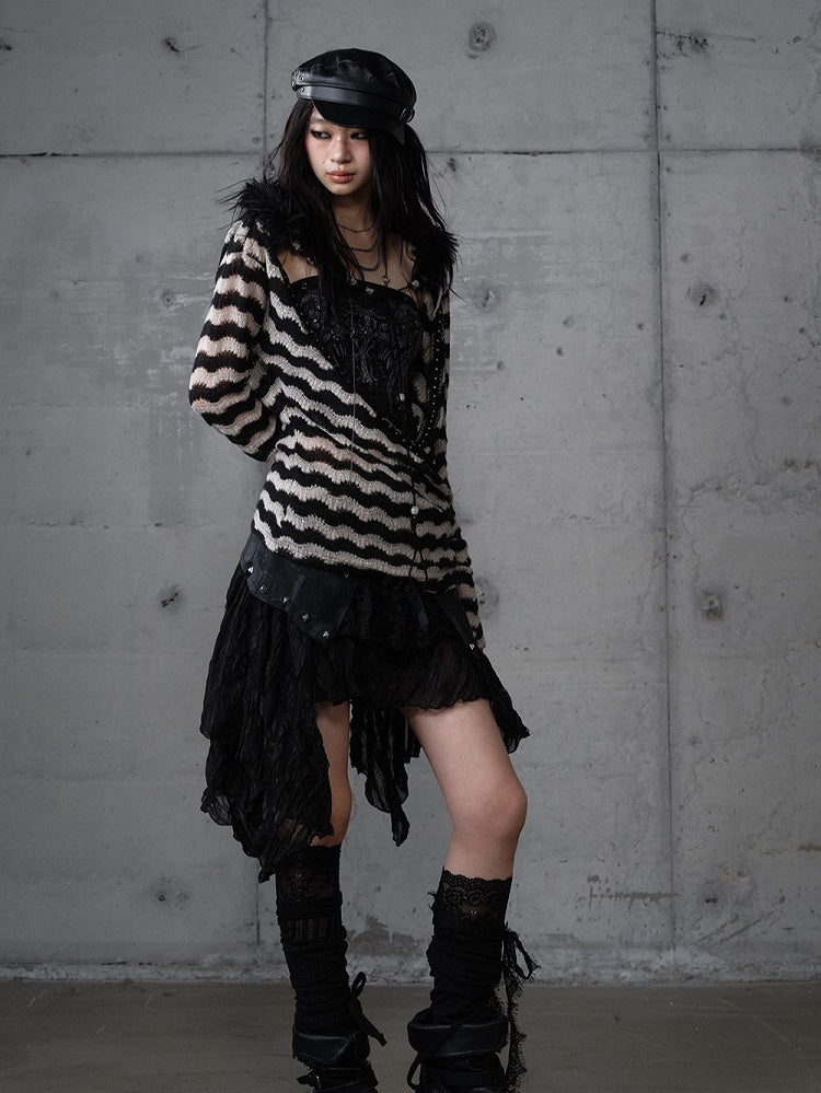 with Hem PU Asymmetrical Flair Skirt Black Studded Punk Edgy Lace Patchwork
