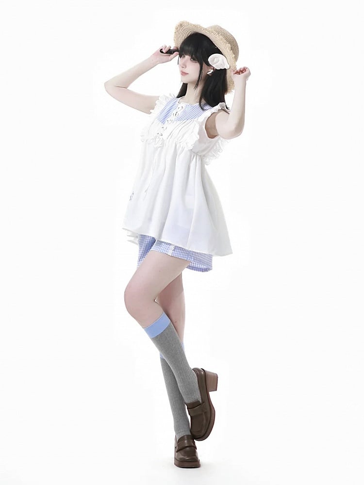 Flutter Sleeves Top and Plaid Seashell and Starfish Embroidery White Blue Front Lace-up