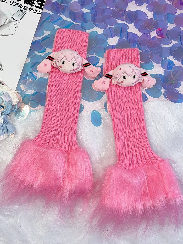 Pink Shaggy Trim Knitted Leg Warmers