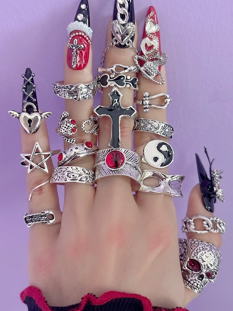Y2K Silver Rings Set Glamorous 16