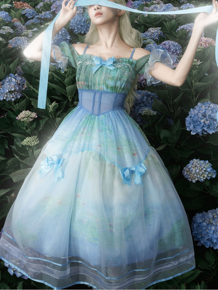 Water Lily Print Basque Waist Sky Dress with Organza Overlay Oil Painting Blue