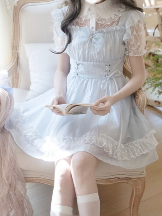 Collar Lace-up Waist Pan Jirai Kei Dress Light Blue Illusion Neckline Peter