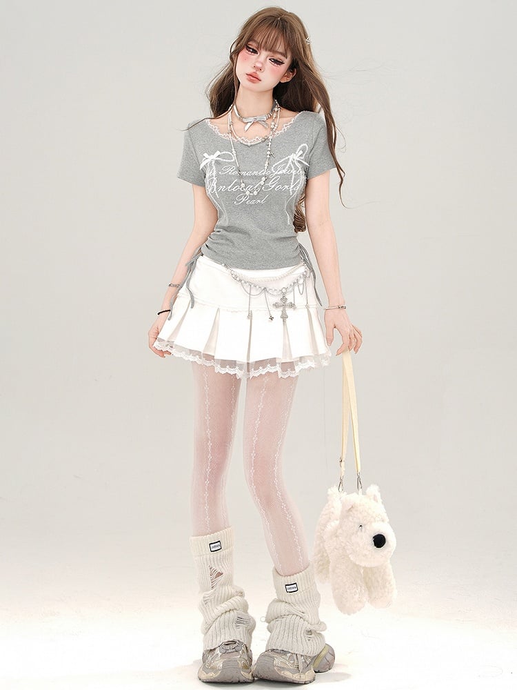 ミニプリーツボックススカート レーストリム アプリコット