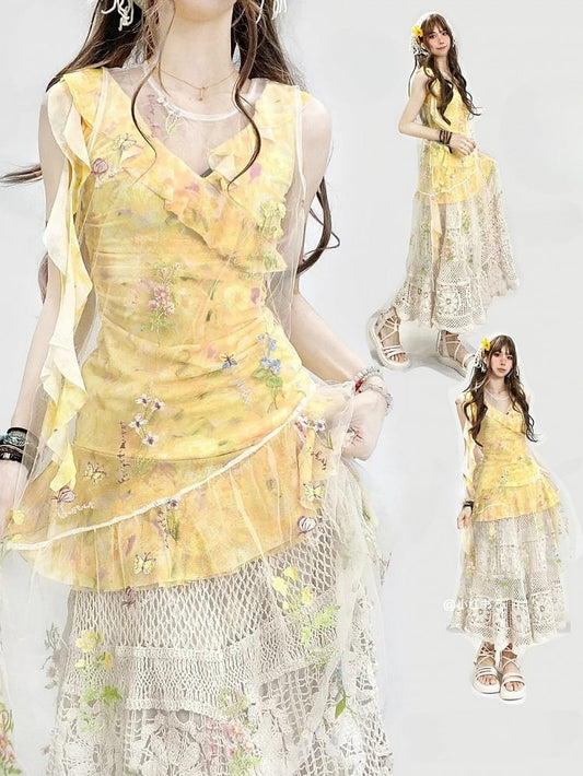 Floral Dress White Asymmetrical Yellow Beige Holiday Set- Sheer Embroidery + Skirt Hem