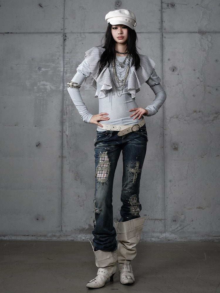 Jeans Light Studs Punk Patches Wash Blue Distressed with Plaid