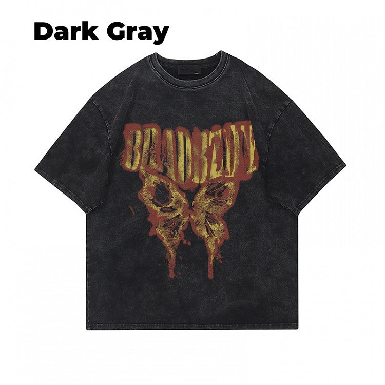 Dunkelgrau/Braun/Schwarz/Weiß Vintage Loose T-Shirt mit Schmetterlingsdruck