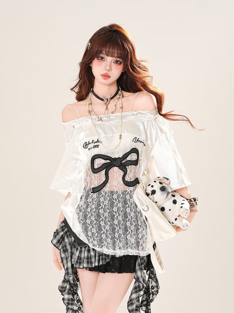 Black/White Big Off-the-shoulder T-shirt Lace Bow Patches Print Waist