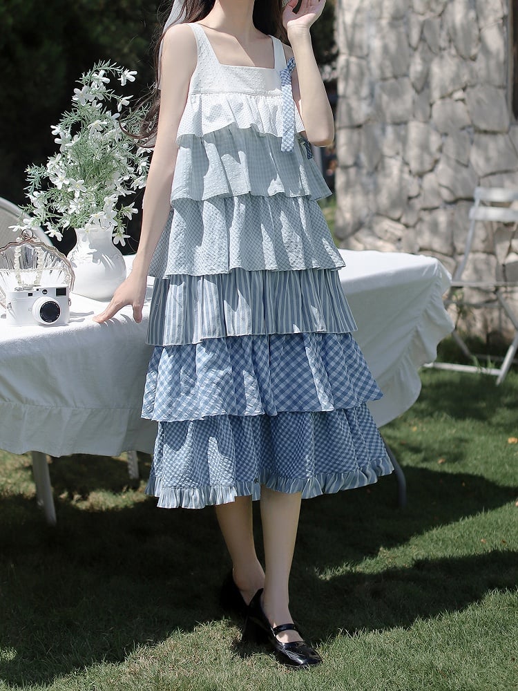 Blau mit Patchwork Urlaub Taille ärmelloses Kleid Stufenrock Gürtel