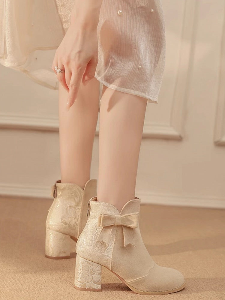 Verschlüsse Block und 6,5 cm Schleife Wildleder mit Rückseite - Akzent Beige Stiefel Satin-Version Ferse Reißverschluss Normal/Dicke Kombination