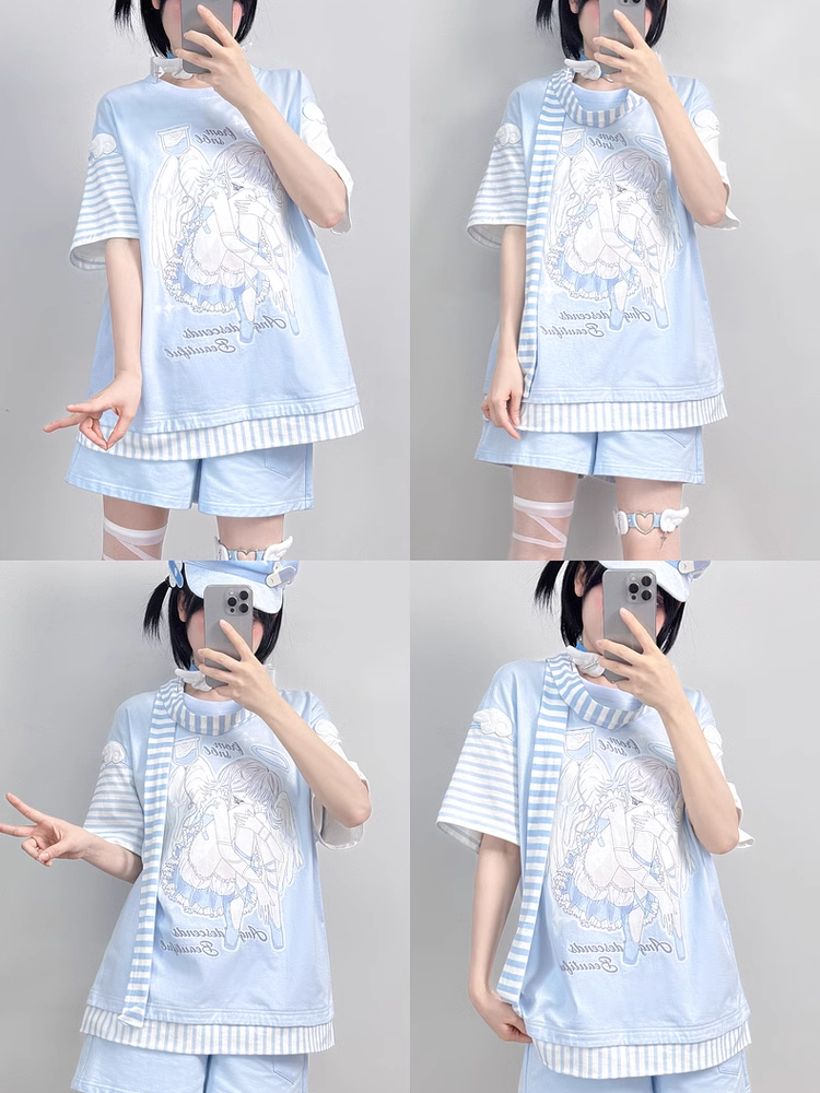 Blue Anime Girl Print Wing Appliques T-Shirt with Striped Scarf