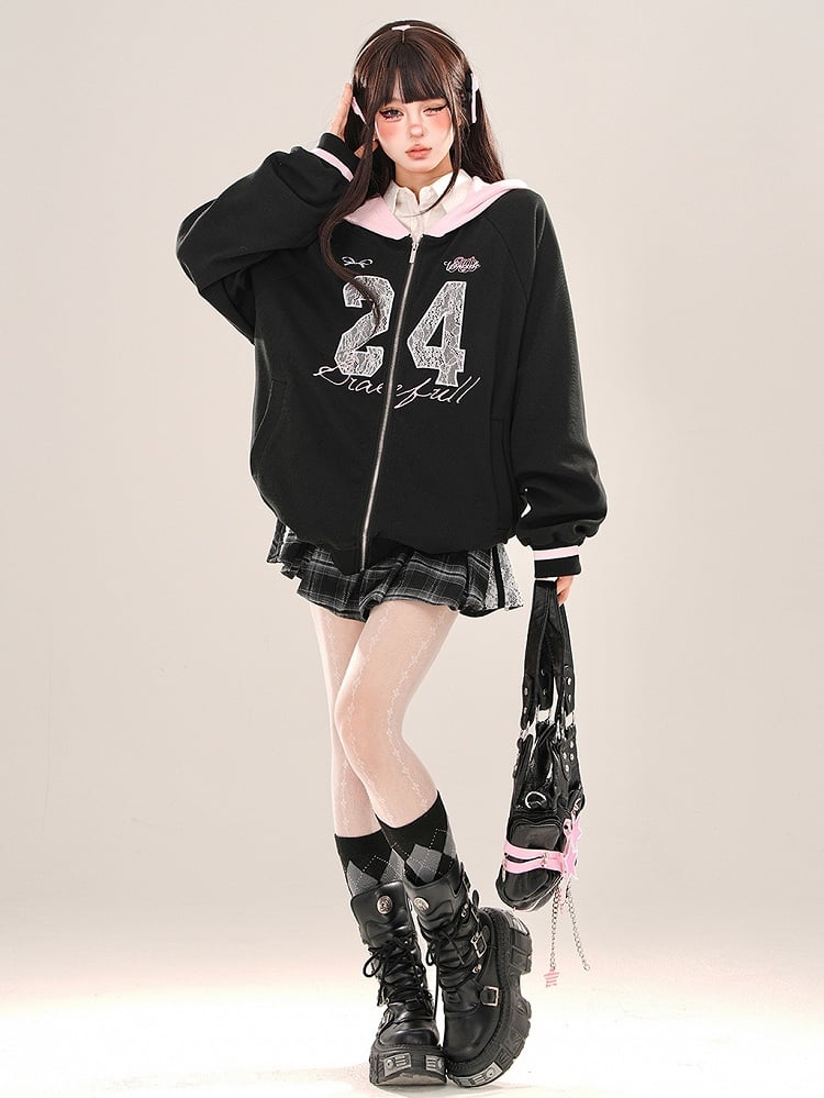 Lace Mini Skirt Accents Pleat Box Plaid Black