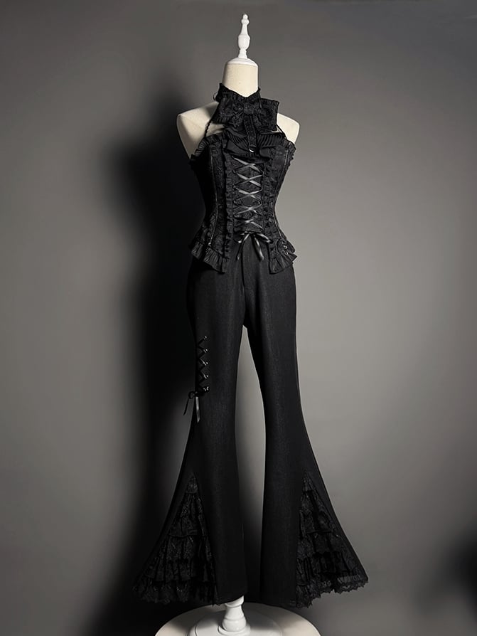 Tiered Patches Pants Lace Flared Cuffs Black
