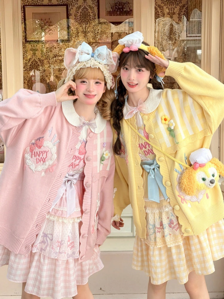 Yume Bowknots Strawberry Cake Embroidery Kawaii Lace Pink Knitted Cardigan