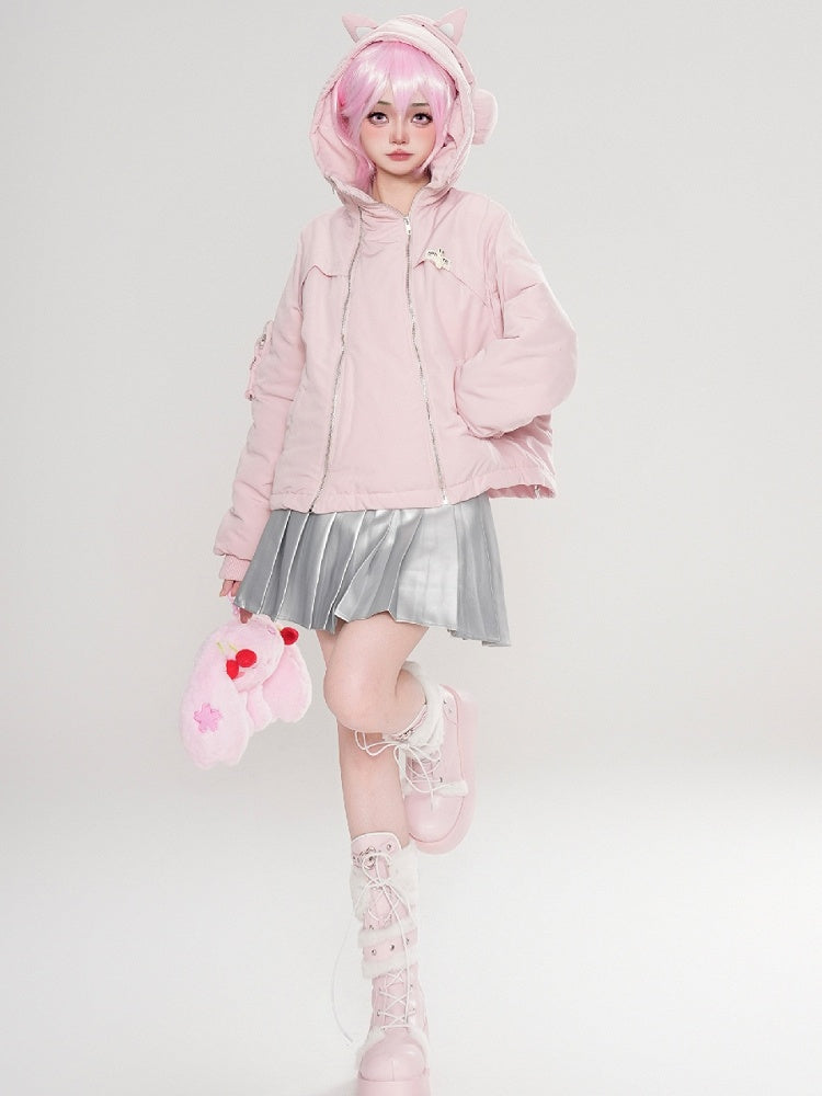 Schwarz/Rosa Reißverschlüsse Katzenohren Kapuze Dicker Reißverschluss Hoodie