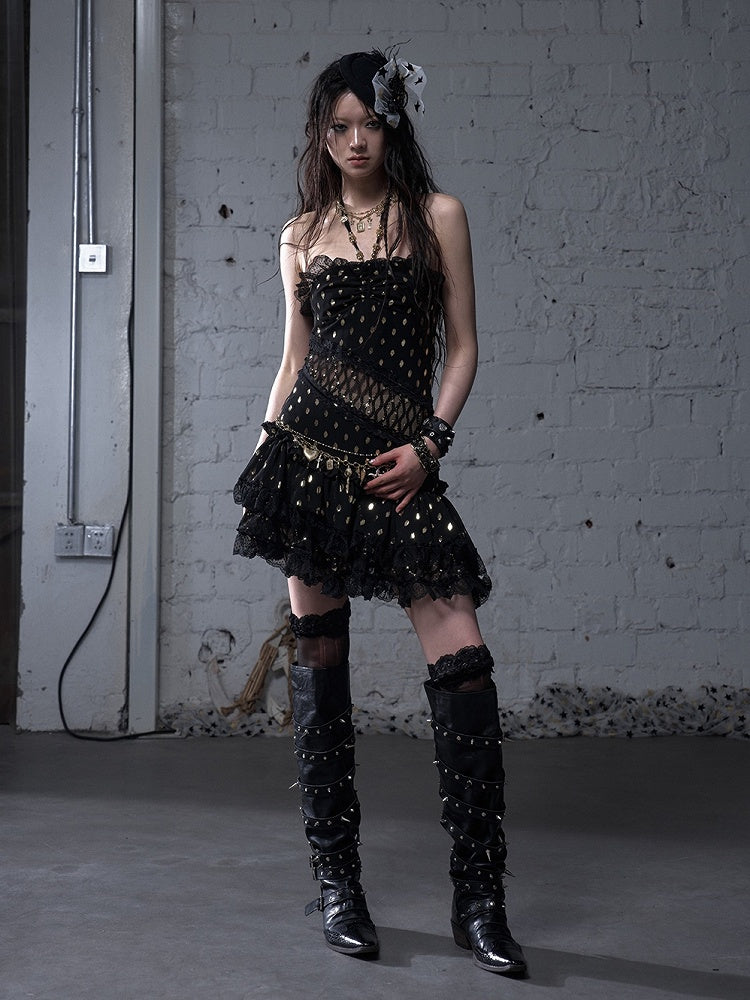 Beige/Black Neck Waist Polka-dot Vintage Halter Lace Patches