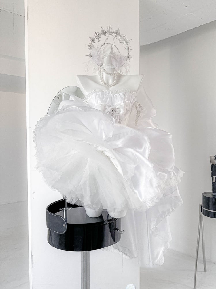Rhinestones Balletcore Puffy Skirt White with Decorated Set Boned Corset Waist Strapless Top